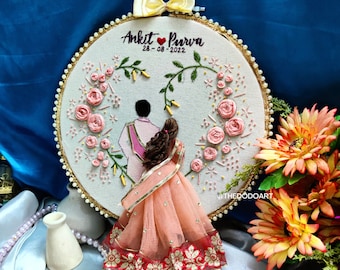 Wedding Embroidery Hoop Heart florals. 3D Lehnga Design. Gift for Newly married.  Unique Invitation, Handmade Card, Wedding Anniversary Gift