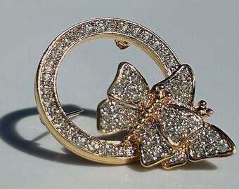 D&#39;ORLAN SIGNED CIRCULAR Butterflies Brooch Triple 22kt Gold Plated w Handset Clear Diamanté Swarovski Crystal, Vintage, Rare, Designer