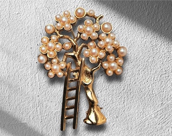 RARE D'ORLAN SIGNED Apple Tree and a Ladder Brooch Gold Plated wt Pearls Vintage 1980's