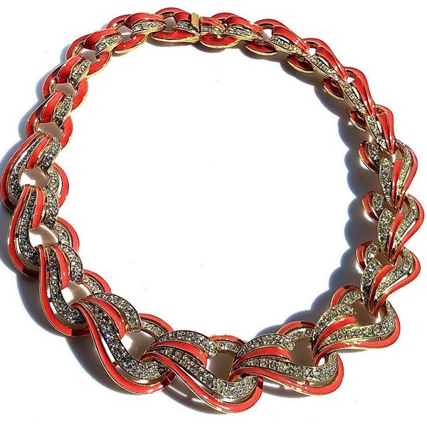 RARE D'ORLAN Signed CORAL Gradual Chain Link Necklace Enameled wt Crystals Triple 22k Gold plated