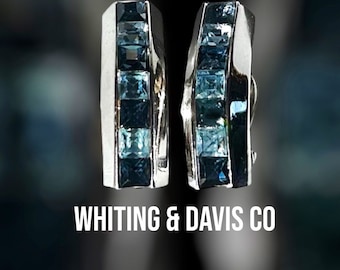 WHITING & DAVIS Silvertone Clip Earrings Shades of Blue Stones Pat.156452