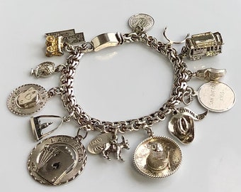 925 SILVER MEXICO Eagle Marked Southwestern Heavy 42 Grams- Double Cable link Bracelet -16 Charm -7 3/4'' in-Vegas Travel Theme-70s.