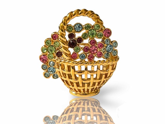 DORLAN SIGNED EASTER Basket in Flowers Brooch 22k… - image 1