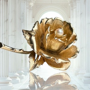 BOUCHER SIGNED ROSE 8371P Cultured Pearl Brooch Gold plated Collector