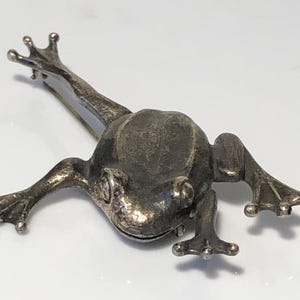 Peut inclure: Broche argentée en forme de grenouille, de style ancien. La grenouille est représentée avec ses membres tendus. La broche a une fermeture à épingle au dos. La surface texturée et les détails de la grenouille lui donnent un aspect vintage.