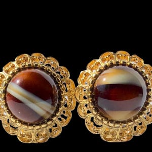VINTAGE BROWN SLAG Glass / Banded Agate Round Gold Filigree Earrings Numbered.