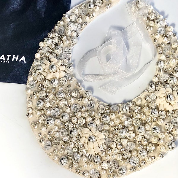 Vintage AGATHA Paris RARE pearl crystal fabric flower collar removabl bib necklace