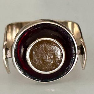 Peut inclure: Une bague argentée dotée d'un sertissage circulaire avec une bordure sombre et en retrait entourant une incrustation centrale circulaire texturée de couleur brun doré. L'anneau métallique a une finition polie et se fixe aux côtés.