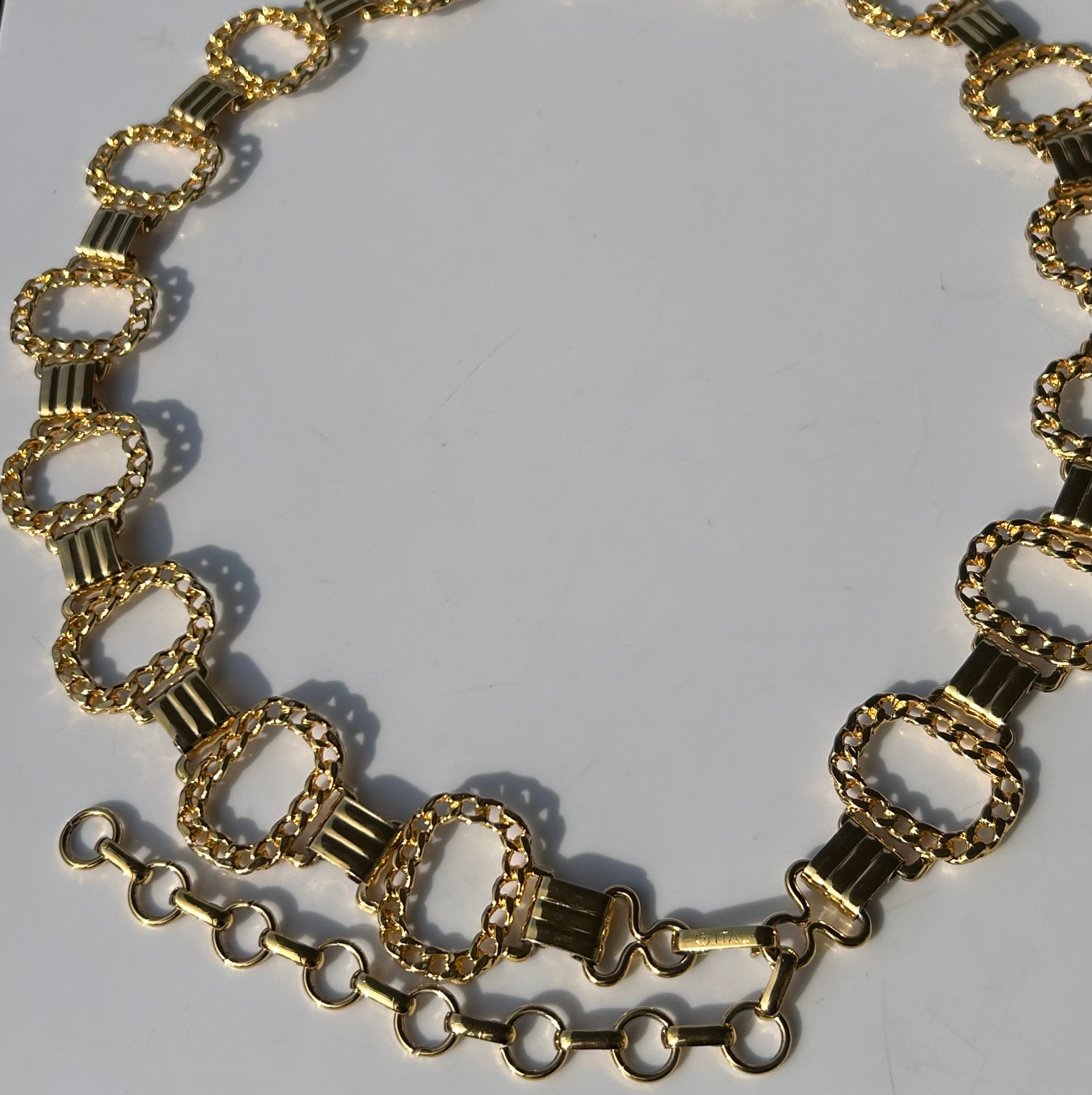 BELT MADE ITALY Gold Metal Circular Chain Links •signed•logo 