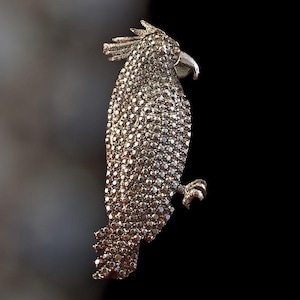 Peut inclure: Broche en forme de perroquet doré, ornée de petits ornements scintillants. L'oiseau est représenté de profil, avec un bec proéminent et une crête texturée. La broche est posée sur un fond sombre.