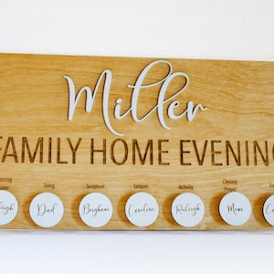 May include: A wooden sign with the text "Miller Family Home Evening" and a list of activities with names assigned to each. The sign has eight white circles with names written on them: Raleigh, Dad, Brigham, Caroline, Raleigh, Mom, Caroline.