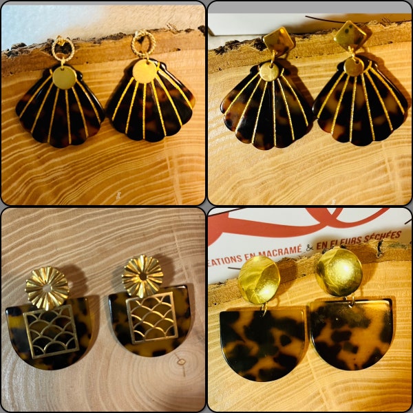 Boucles d’oreilles tendances pendantes - acier inoxydable - laiton doré a l’or fin 18k -breloque en résine écaille de tortue - marron noir