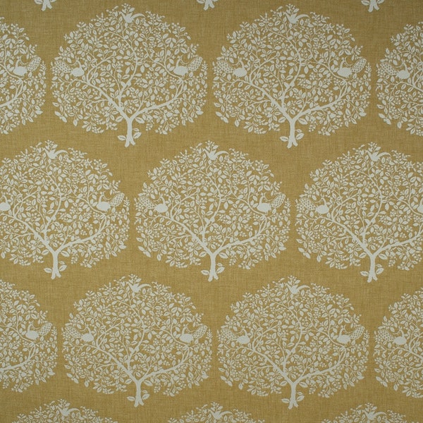 Fibre Naturelle Tree Of Life Ochre Fabric, FREE Postage, By The Metre, Nature Outdoor Theme, Yellow Mustard Background, UK