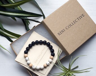 Beaded Bracelet 8mm White Dalmatian Bead | Lava Stone | Natural Wood | Aromatherapy & Oil Diffuser Bracelet