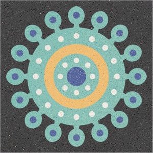 Puede incluir: Un diseño circular azul turquesa con un patrón de círculos concéntricos amarillo y blanco. El diseño tiene un punto azul en el centro y está rodeado por un anillo de puntos blancos más pequeños. El diseño está rodeado por un anillo de 16 puntos azules turquesa.
