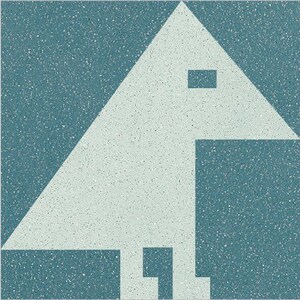 May include: A blue and white geometric tile with a triangular shape and a smaller rectangle inside. The tile has a speckled texture.