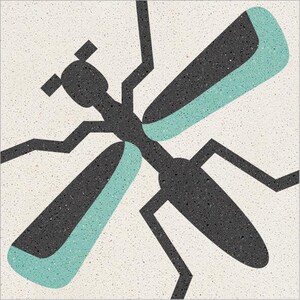 Könnte beinhalten: Eine stilisierte Illustration einer Libelle in Schwarz und Türkis auf weißem Hintergrund.