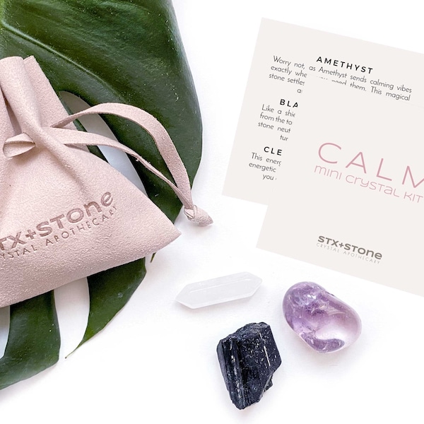 CALM Mini Crystal Kit - Amethyst, Black Tourmaline, Clear Quartz Point - Unique Crystal Gift, Travel Crystals - Crystals for Anxiety Relief