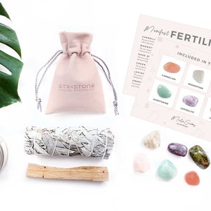 May include: A pink pouch with the text "STX+Stone Crystal Apothecary" on it, a white candle, a bundle of white sage, a wooden stick, a pink pouch with crystals, and a card with the text "Manifest Fertility" and a list of crystals included in the kit.
