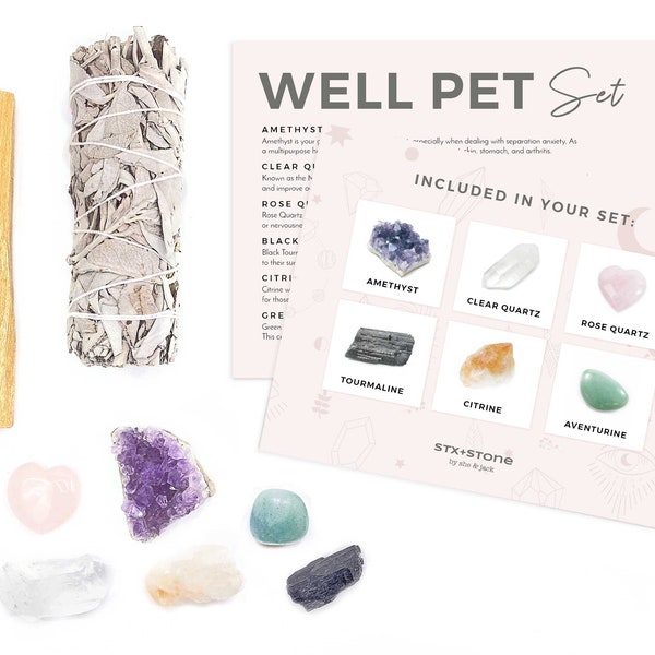 WELL PET Crystal Kit - Pet Wellness, Amethyst, Clear Quartz, Rose Quartz, Black Tournmaline, Citrine, Green Aventurine, Pet Health, Sick Pet