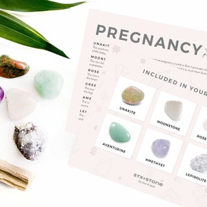May include: A pregnancy crystal kit with six different crystals: unakite, moonstone, rose quartz, aventurine, amethyst, and lepidolite. The kit includes a card with the names of the crystals and their meanings.