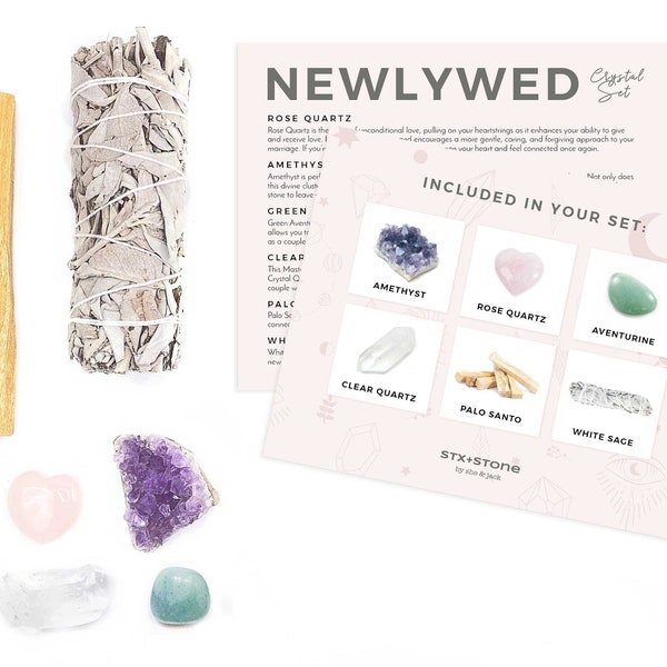 NEWLYWED Crystal Kit - Amethyst, Rose Quartz, Clear Quartz, Aventurine, Palo Santo, White Sage - Unique Wedding Gift, Engagement Gift