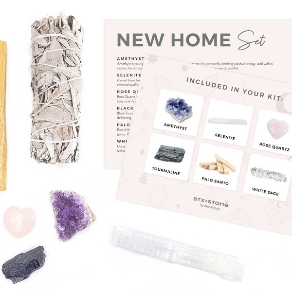 NEW HOME Crystal Kit - Amethyst, Selenite, Rose Quartz, Tourmaline, Palo Santo, White Sage - Unique Housewarming Gift, Crystals for New Home