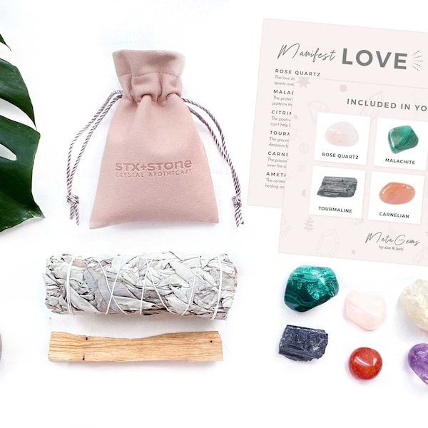 LOVE Crystal Kit - Rose Quartz, Malachite, Citrine, Tourmaline, Carnelian, Amethyst - Galentine's Day, Valentine, Romantic Love & Self Love