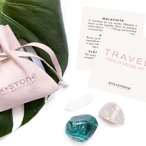 TRAVEL Mini Crystal Kit - Malachite, Moonstone, Clear Quartz Point - Unique Crystal Gift, Pocket Crystals, Travel Crystals - Travel Gift