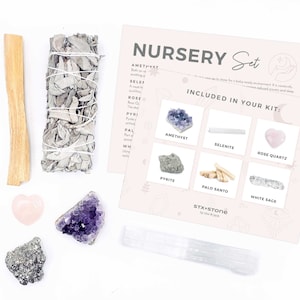 NURSERY//NEW BABY Crystal Kit - Ameythst, Selenite, Rose Quartz, Pyrite, Palo Santo, White Sage Smudge, Unique Baby Gift, Nursery Decor