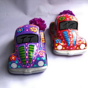 Mexican Car Piggy Bank. 7&quot;. Bocho flowered piggy bank. Made in Mexico. Piggy bank
