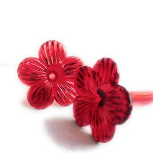 3 Flower straws for hummingbird feeders. Red blown glass.