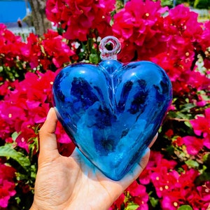 Mexican blown glass heart 6.5&quot;. Turquoise. Wholesale too, ask for it. Mexican heart.