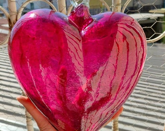 Beautiful giant 10" blown glass heart. Pink color. Glass heart ornament. Mexican blown glass. Wholesale too