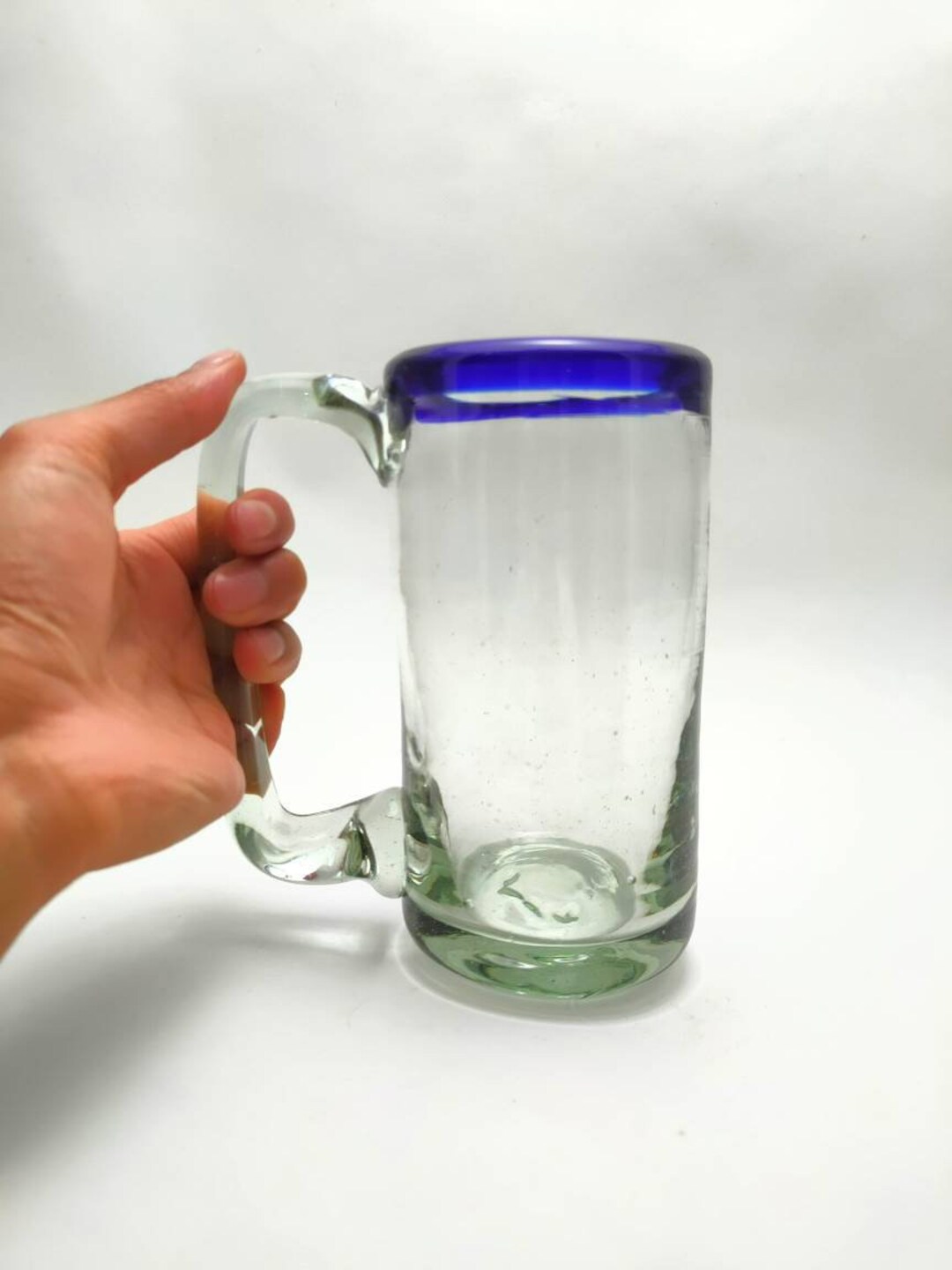 Blown Glass Beer Glass. 14oz. Blue Rim. Hand Blown Glass. Made in ...