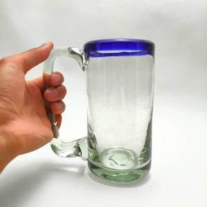 Blown glass beer glass. 14oz. Blue Rim. Hand blown glass. Made in Mexico.