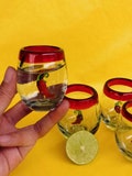 TEQUILA SHOT with chili, Blown glass, red rim. May 5th. Tequila shot glass. Blown glassware. Made in Mexico.