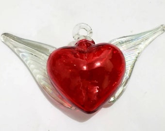 Recycled blown glass heart. winged heart. 4". Mexican blownglass Heart . Wholesale too, ask for it!