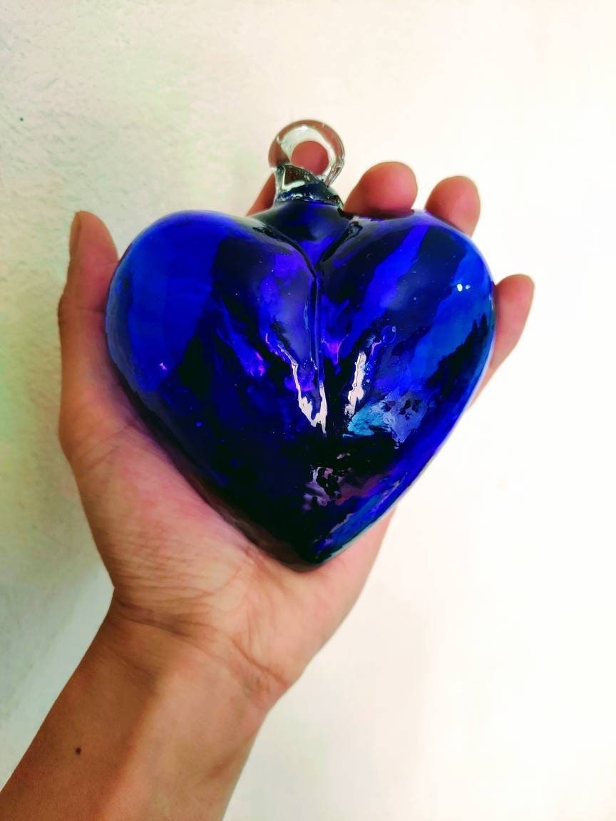Recycled blown glass heart. 4.5". Blown glass, Cabo hearts. Tree pendant. **Wholesale too, ask for it.**
