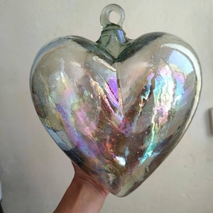 Jumbo Glass Heart 10". Tornasol. Mexican blown glass heart, ornament. Cabo hearts. **Wholesale too, ask for it!**