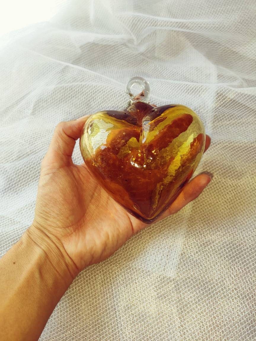 Beautiful blown glass amber heart. Mexican blownglass Heart. *Wholesale too ask for it!* Cabo hearts, outdoor glass heart.