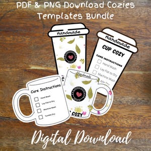 Puede incluir: Descarga digital de plantillas para fundas de tazas, con diseños de tazas de café, tazas y vasos para llevar. Cada funda tiene un diseño floral y el texto "Handmade". También se incluyen instrucciones de cuidado.