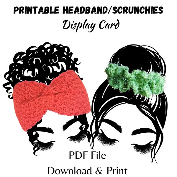 Printable headband display template, Messy bun display card, insert template for displaying headband and messy buns, ear warmer display card