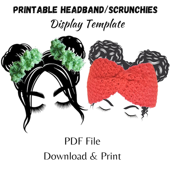 Printable headband display template, Messy bun display card, scrunchy display PDF template, ear warmer display card, Curly hair display card