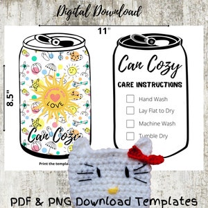 May include: Printable template for a summer-themed can cozy, featuring a sun with the words "Handmade with Love" and a variety of summer icons. The template is 8.5 inches by 11 inches. The image also includes care instructions for the cozy, including hand wash, lay flat to dry, machine wash, and tumble dry.