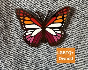 Lesbian Pride Hard Enamel Pin | LGBTQ+ Pride Flag Butterfly Pin for Jackets, Backpacks, Hats, Bags, Pin Boards | Cute Subtle Queer Pin