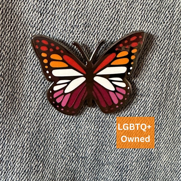 Lesbian Pride Hard Enamel Pin | LGBTQ+ Pride Flag Butterfly Pin for Jackets, Backpacks, Hats, Bags, Pin Boards | Cute Subtle Queer Pin