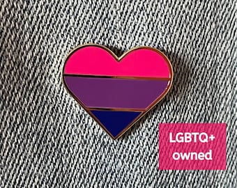 Bi Pride Hard Enamel Pin | LGBTQ+ Pride Flag Heart Pin for Jackets, Backpacks, Hats, Bags, Pin Boards | Cute Subtle Queer Pin