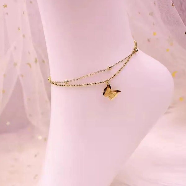 Farasha Anklet | 18K Gold Plated Titanium Steel | Non Tarnish Waterproof | Butterfly Charm Anklet Bracelet | Dainty | Women's Jewelry