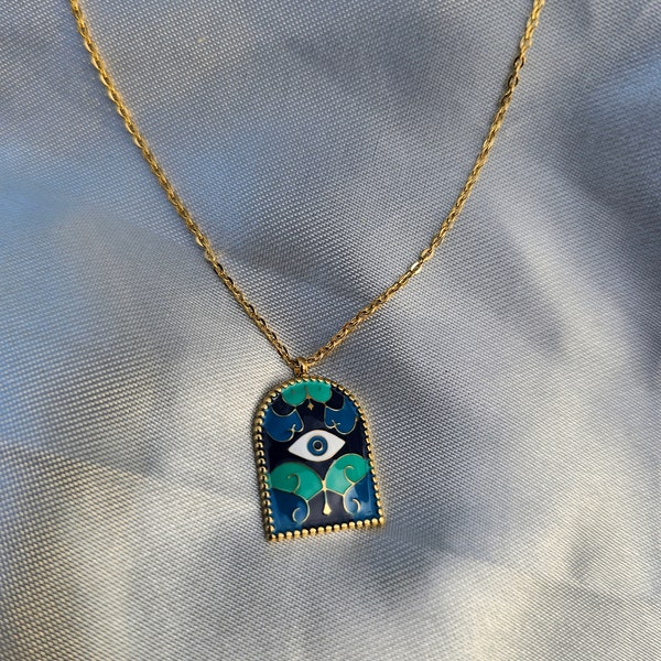 Dunamis Necklace | Eye Greek Roman Style Mosaic Style | 18K Gold Plated Stainless Steel | Blue Green Pendant | Non-tarnish Waterproof